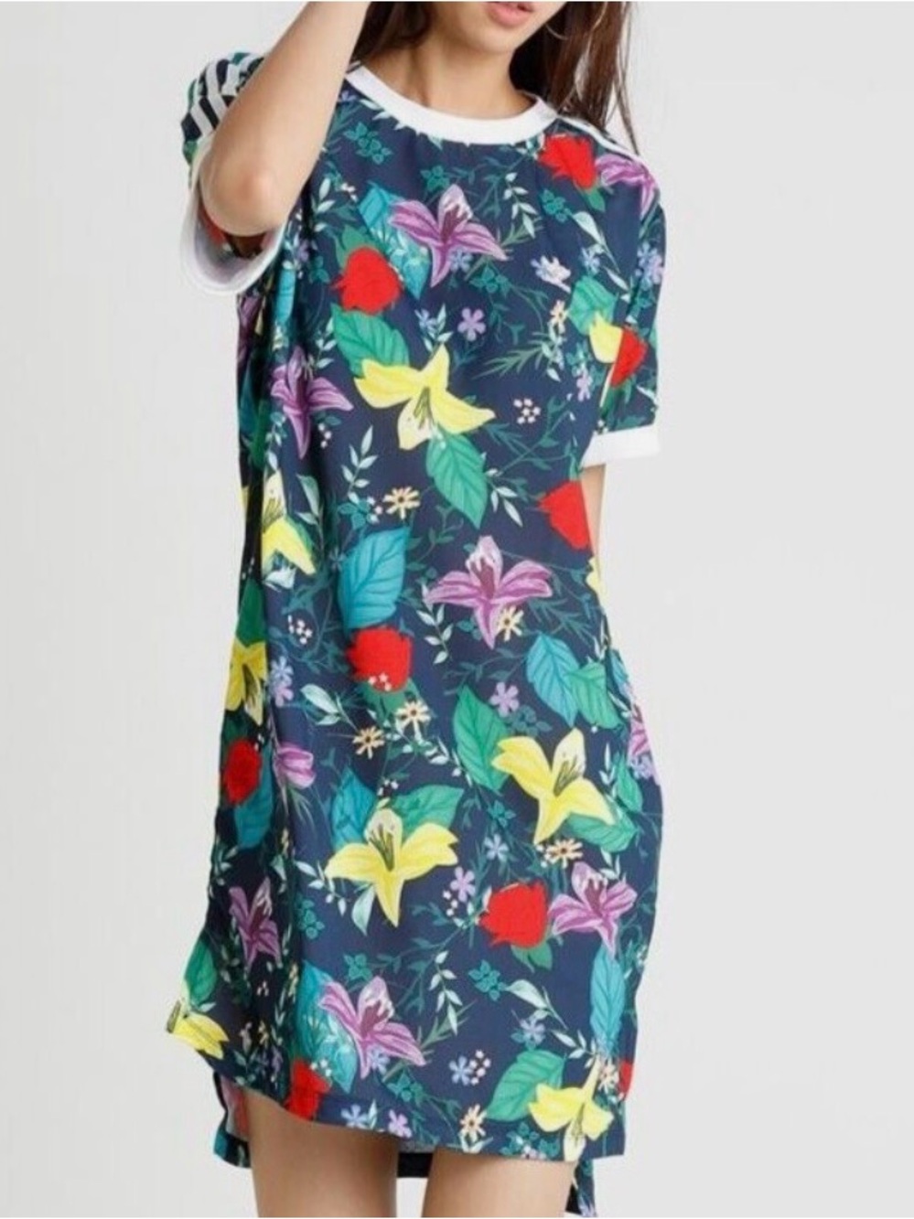 EUC Adidas mini tee dress with tropical floral print
